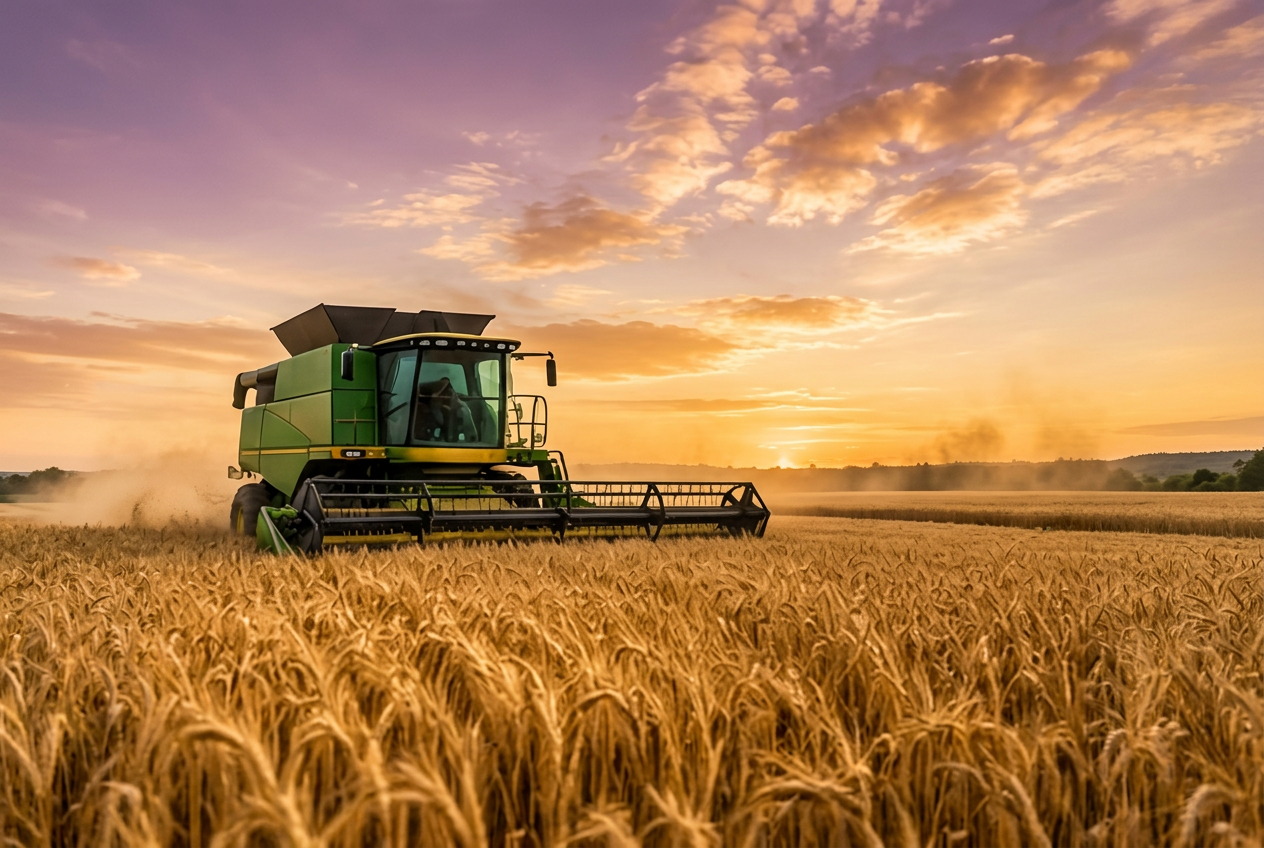 Combine harvester working a wheat field at sunset