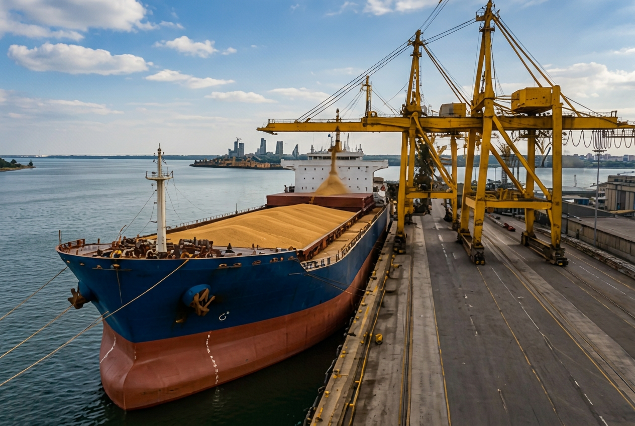 Bulk vessel loading grain at port